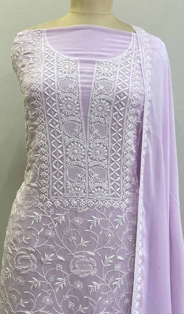 Women's Lakhnavi Handcrafted Pure Silk Georgette Chikankari Kurta And Dupatta Set - HONC0166872