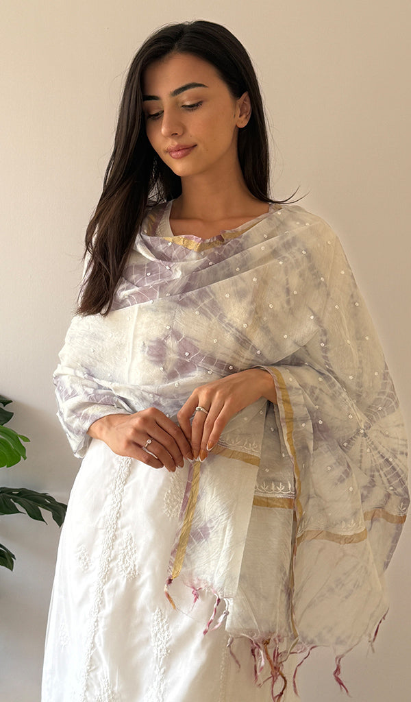 Women's Lakhnavi Handcrafted Mul Chanderi Chikankari Dupatta - HONC0320018