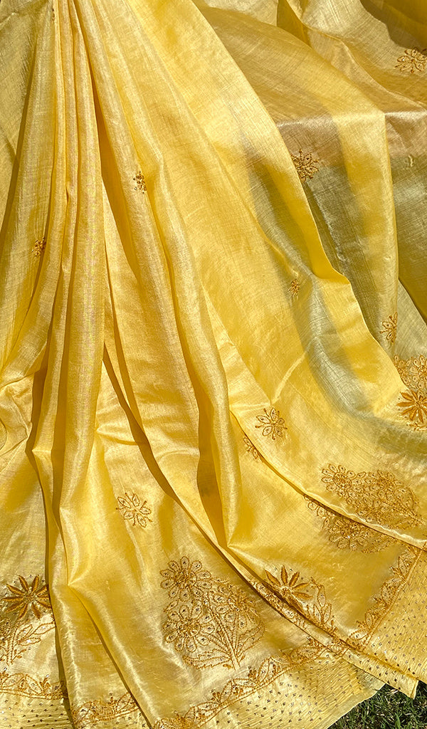 Women's Lakhnavi Handcrafted Tussar Silk Chikankari Saree - HONC0264385