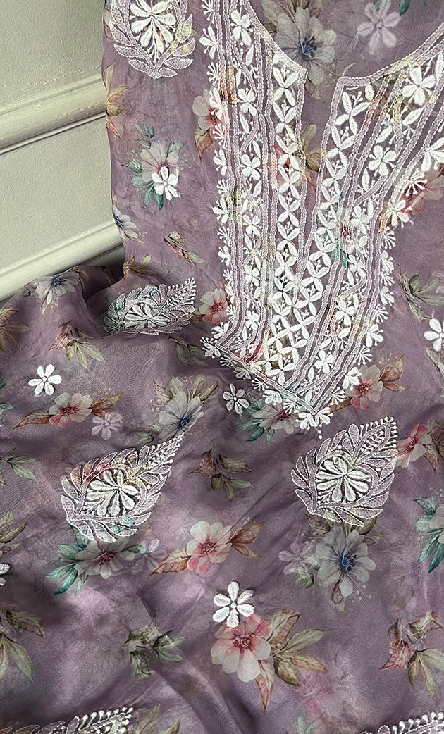 Disha Women's Lakhnavi Handcrafted Organza Chikankari Unstitched Kurti Fabric - HONC0332151