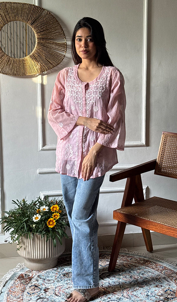 Vaanya Women's Lakhnavi Handcrafted Mul Chanderi Chikankari Top - HONC0334315