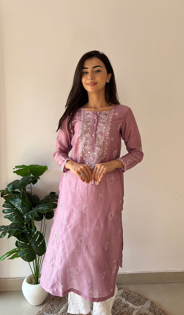 Women's Lucknowi Handcrafted Chanderi Silk Chikankari Kurti - HONC0357074