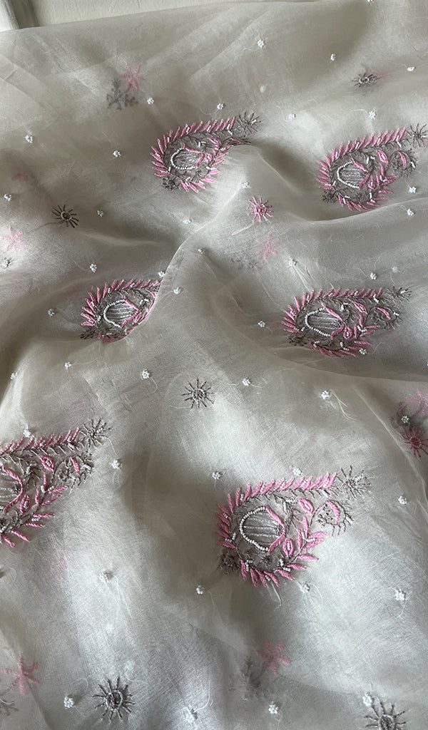 Women's Lakhnavi Handcrafted Pure Organza Chikankari Unstitched Kurta And Dupatta Set- HONC0283112