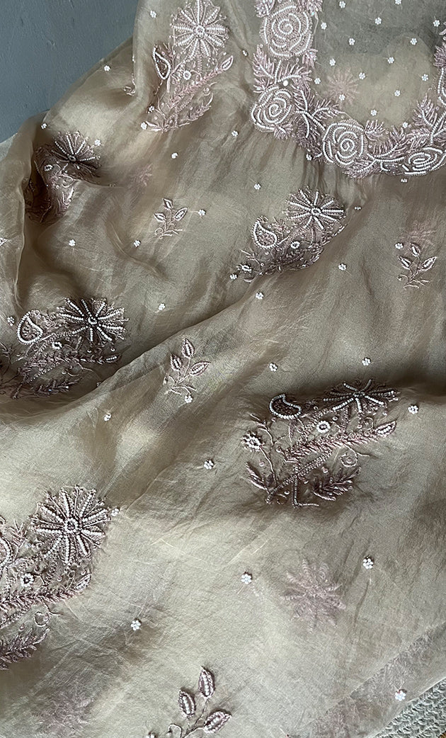 Women's Lakhnavi Handcrafted Pure Organza Chikankari Unstitched Kurta And Dupatta Set- HONC0306597