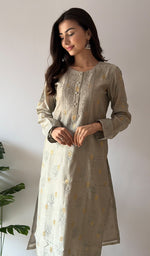Load image into Gallery viewer, Women's Lucknowi Handcrafted Chanderi Silk Chikankari Kurti - HONC0354864