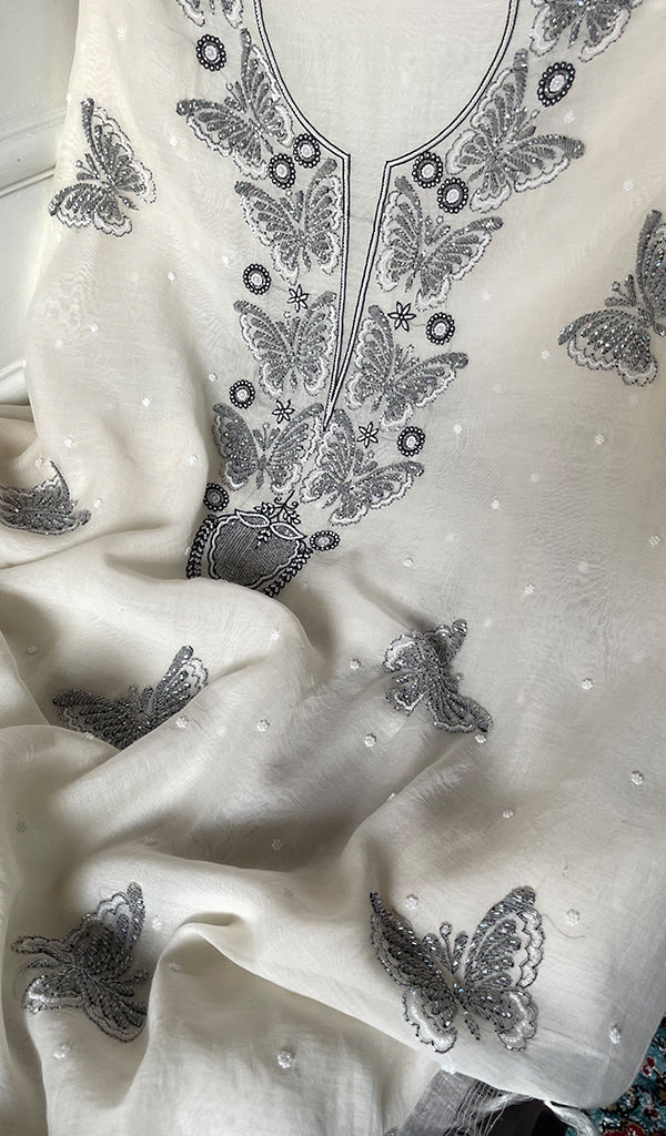 Women's Lakhnavi Handcrafted Unstitchd Mul Chanderi Kurta And Dupatta Set - HONC0330024