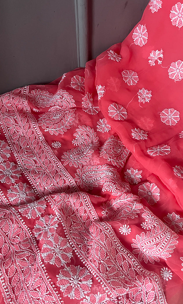 Women's Lakhnavi Handcrafted Unstitched Faux-Georgette Chikankari Suit Material - HONC0311929