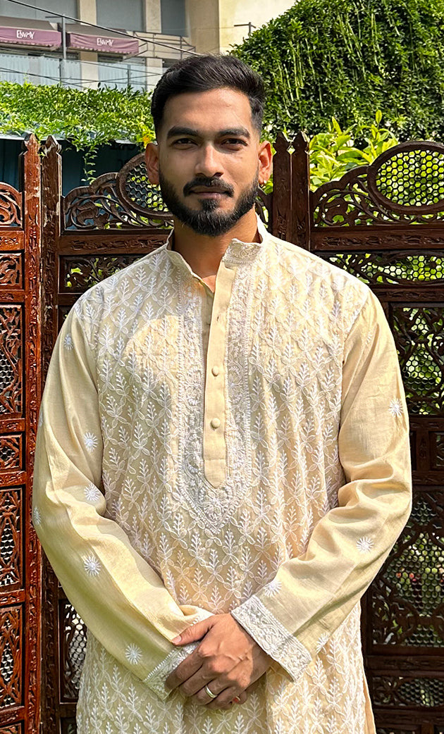 Men's Lucknowi Handcrafted Tissue Chanderi Chikankari Kurta - HONC0321236
