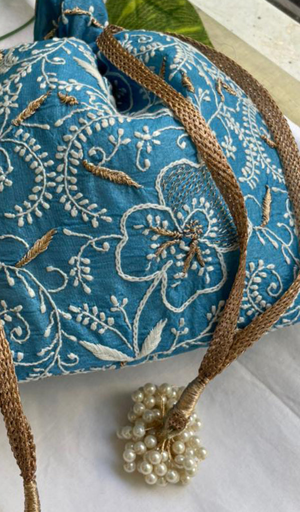 Green Chikankari Embroidered Potli Bag with Golden Bead Tassels - HONC0316098