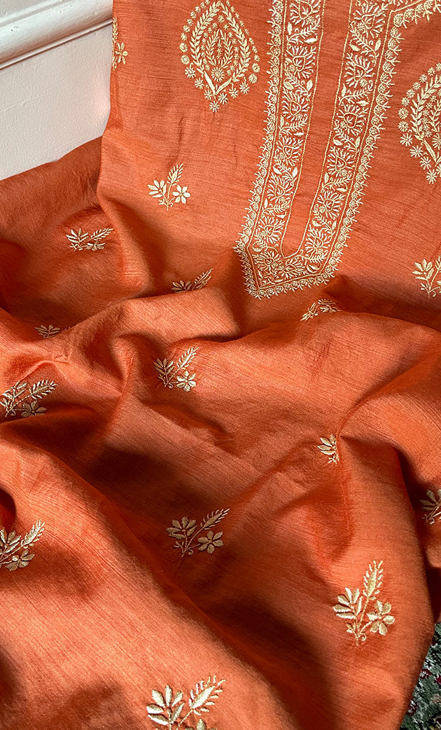 Lucknowi Handcrafted Munga Silk Chikankari Unstitched Men's Kurta Fabric - HONC0327311