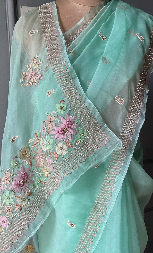 Women's Lucknowi Handcrafted Pure Organza Silk Chikankari Saree - HONC0287002