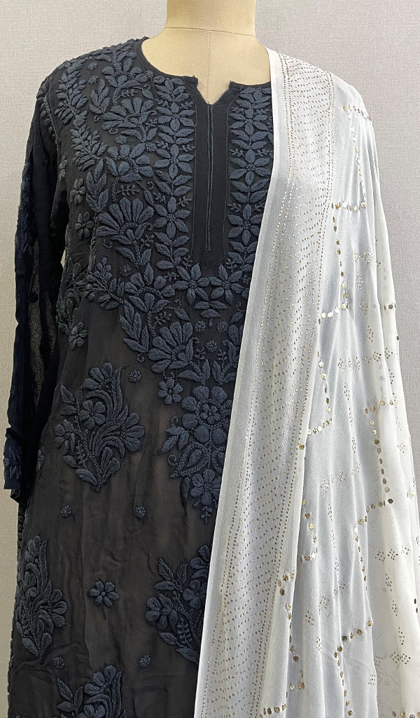 Women's Lucknowi Handcrafted Pure Silk Georgette Chikankari Dupatta - HONC0217804