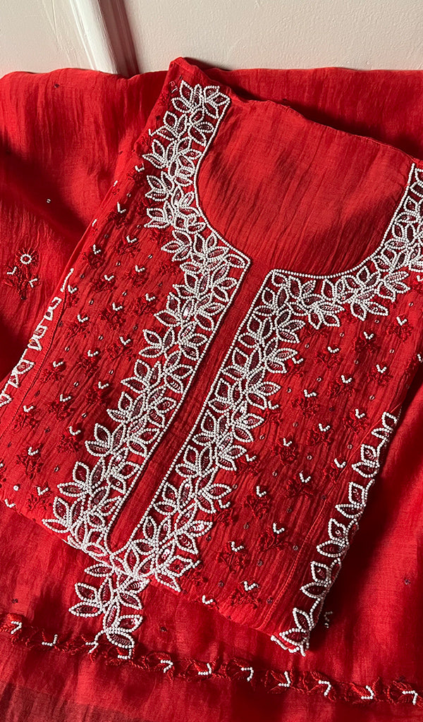 Saziya Women's Lakhnavi Handcrafted Mul Chanderi Semi - Stitched Kurta And Dupatta Set - HONC0270728