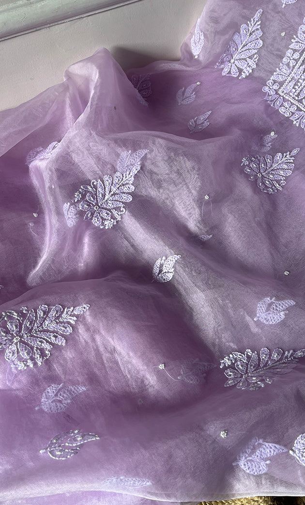 Women's Lakhnavi Handcrafted Organza Chikankari Unstitched Full Suit Material - HONC0287041