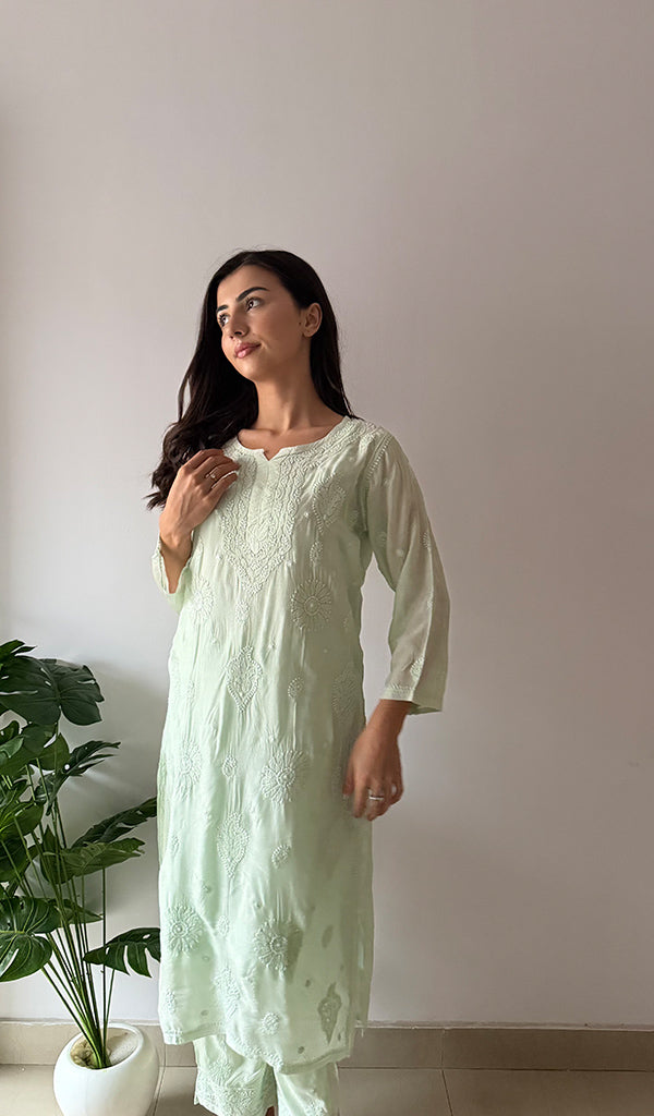 Vedika Women's Lakhnavi Handcrafted Muslin Chikankari Kurti And Plazzo Set - HONC0371337