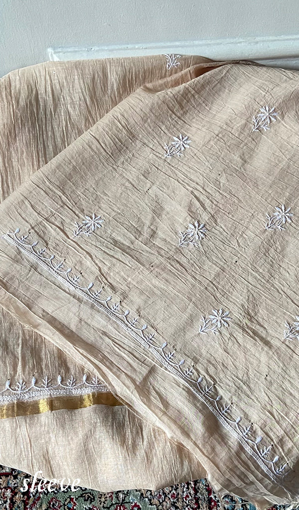 Women's Lakhnavi Handcrafted Mul Chanderi Unstitched Chikankari Full Suit - HONC0367572