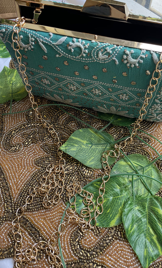 Teal Green Chikankari Embroidered Clutch Bag - HONC0263107