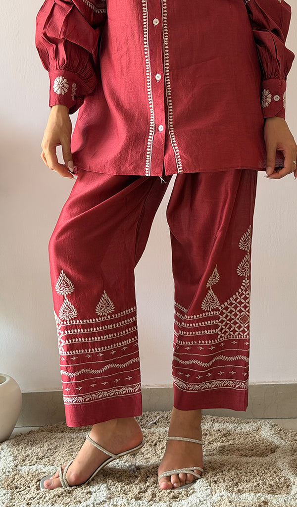 Women's Lakhnavi Handcrafted Chanderi Silk Chikankari Top And Pant Set - HONC0379822