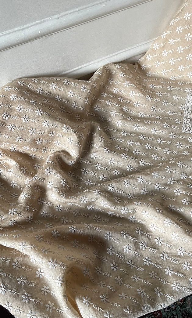 Lucknowi Handcrafted Munga Silk Chikankari Unstitched Unisex Kurta Fabric - HONC0319976