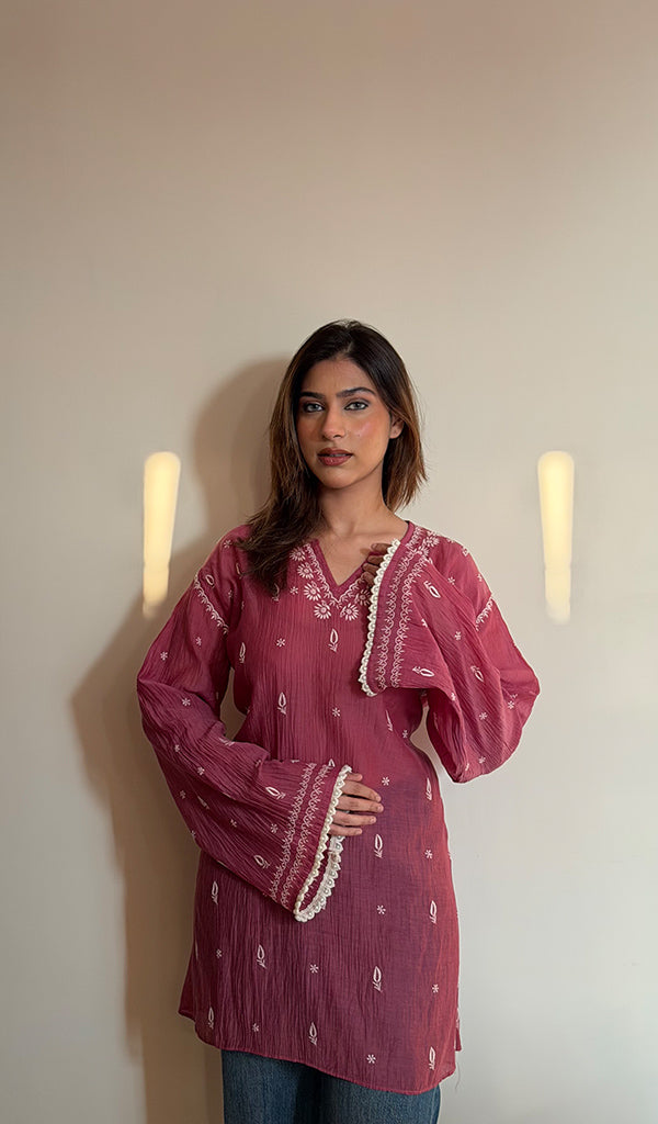 Rust Pure Mul Chanderi Chikankari Stitched Short Kurti