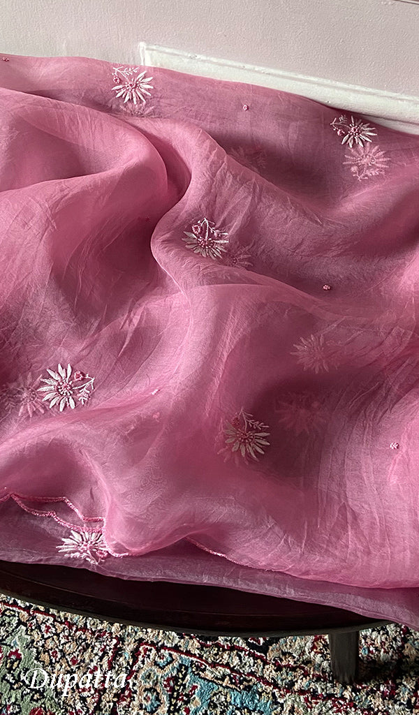 Women's Lakhnavi Handcrafted Pure Organza Chikankari Semi - Stitched Kurta And Dupatta Set- HONC0310095