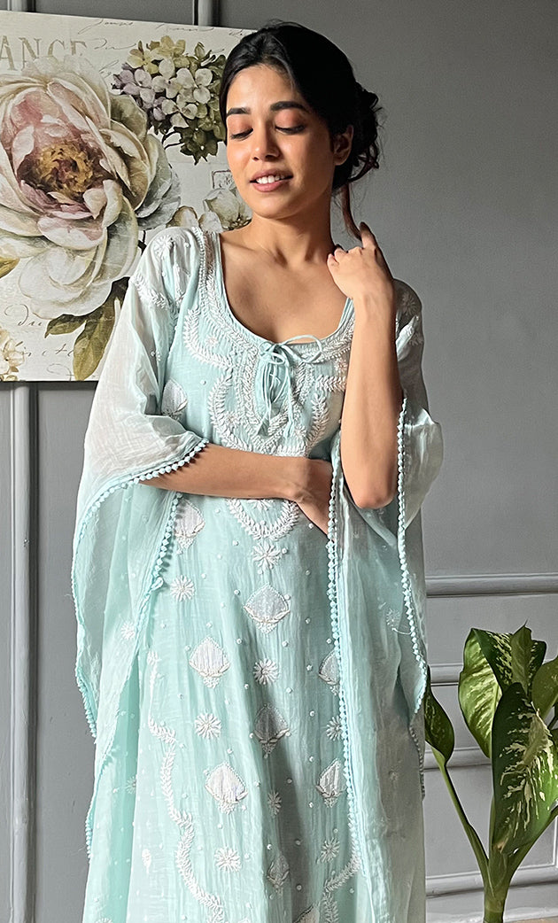Rabia Women's Lucknowi Handcrafted Mul chanderi Chikankari Kaftan - HONC0304373