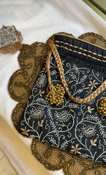 Load image into Gallery viewer, Black Chikankari Embroidered Potli Bag with Golden Bead Tassels - HONC0317191
