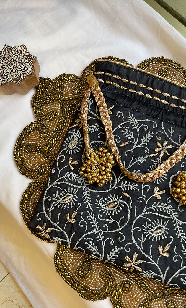 Black Chikankari Embroidered Potli Bag with Golden Bead Tassels - HONC0317191