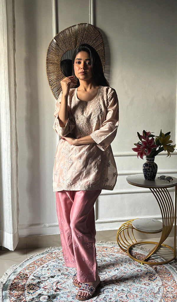 Imara Women's Lakhnavi Handcrafted Chanderi Silk Chikankari Top And Pant Set - HONC0340439