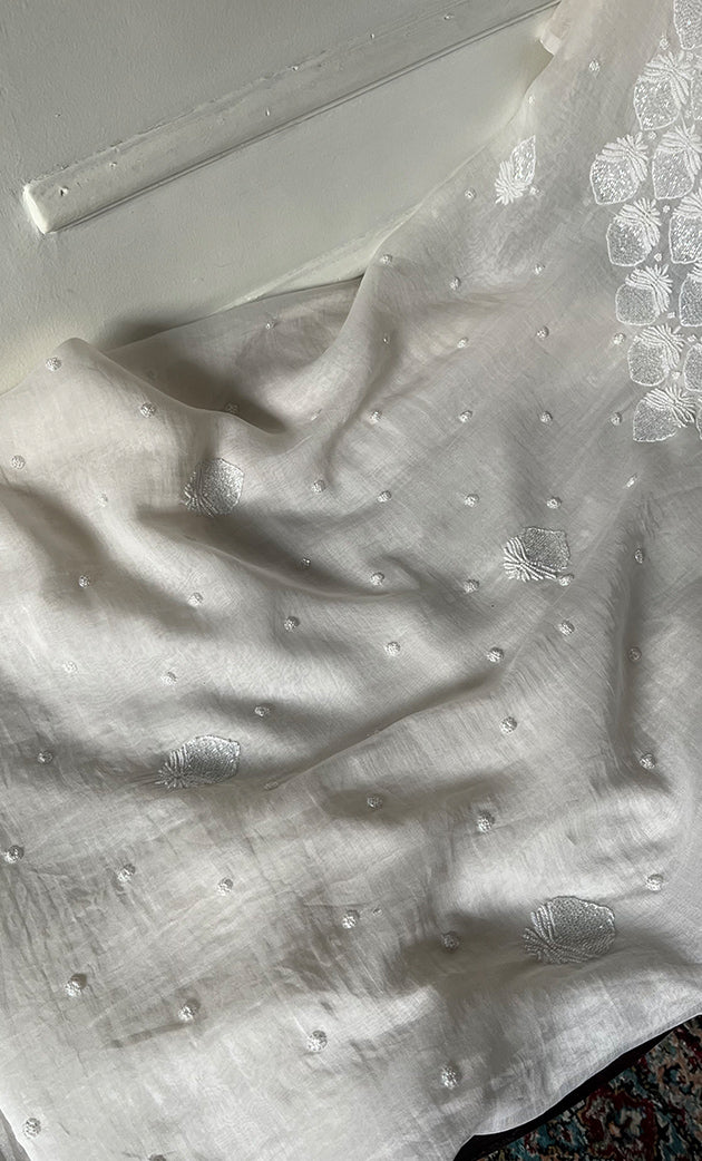 Jazba Women's Lakhnavi Handcrafted Mul Chanderi Unstitched Kurta And Dupatta Set- HONC0332777