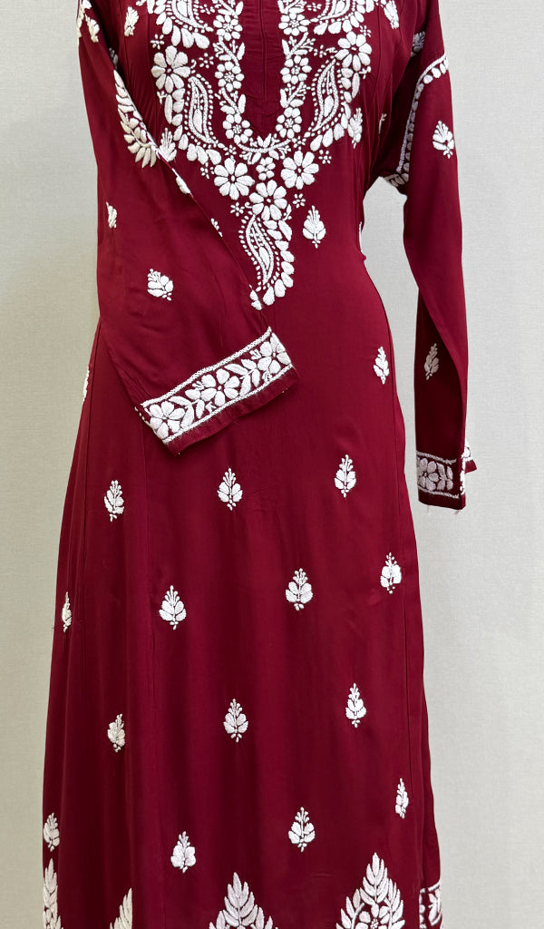 Women's Lucknowi Handcrafted Modal Cotton Chikankari Anarkali Dress - HONC0231085