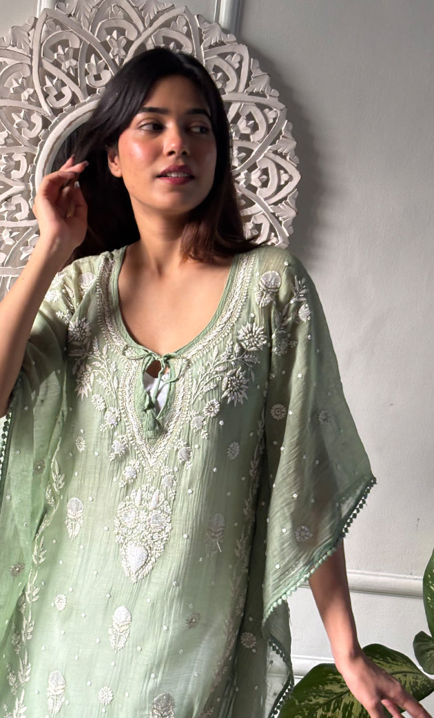 Rabia Women's Lucknowi Handcrafted Mul chanderi Chikankari Kaftan - HONC0310788