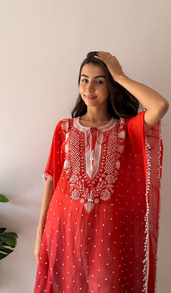 Pragya Women's Lucknowi Handcrafted Mul chanderi Chikankari Kaftan - HONC0459878