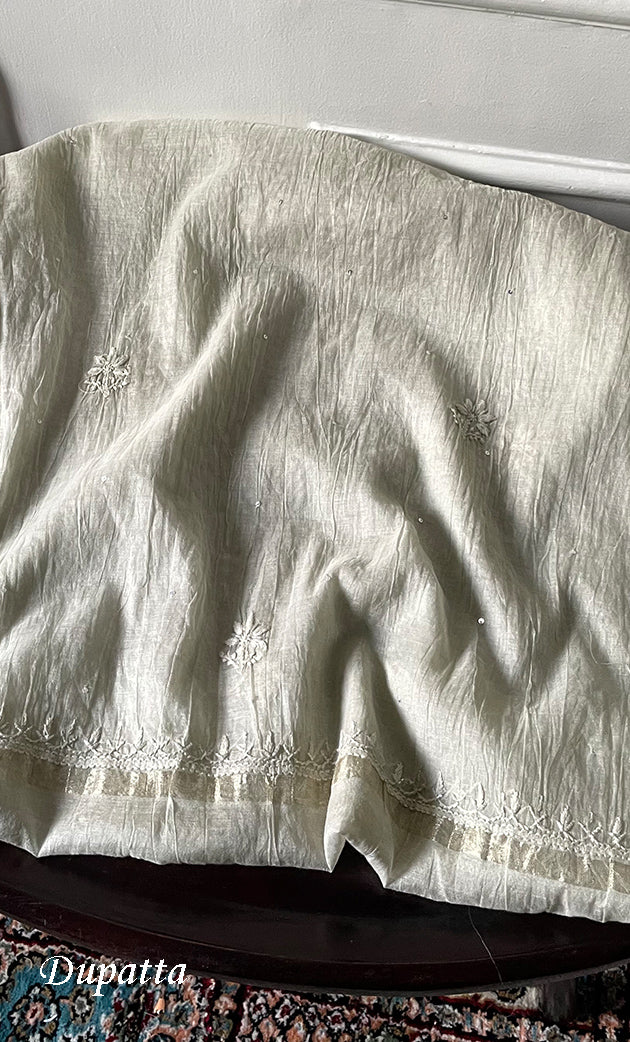 Women's Lakhnavi Handcrafted Mul Chanderi Semi - stitched Chikankari Full Suit Material - HONC0319562