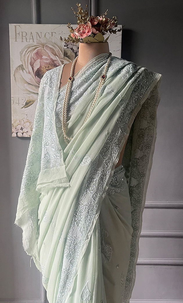 Women's Lakhnavi Handcrafted Pure Silk Georgette Chikankari - HONC0284208