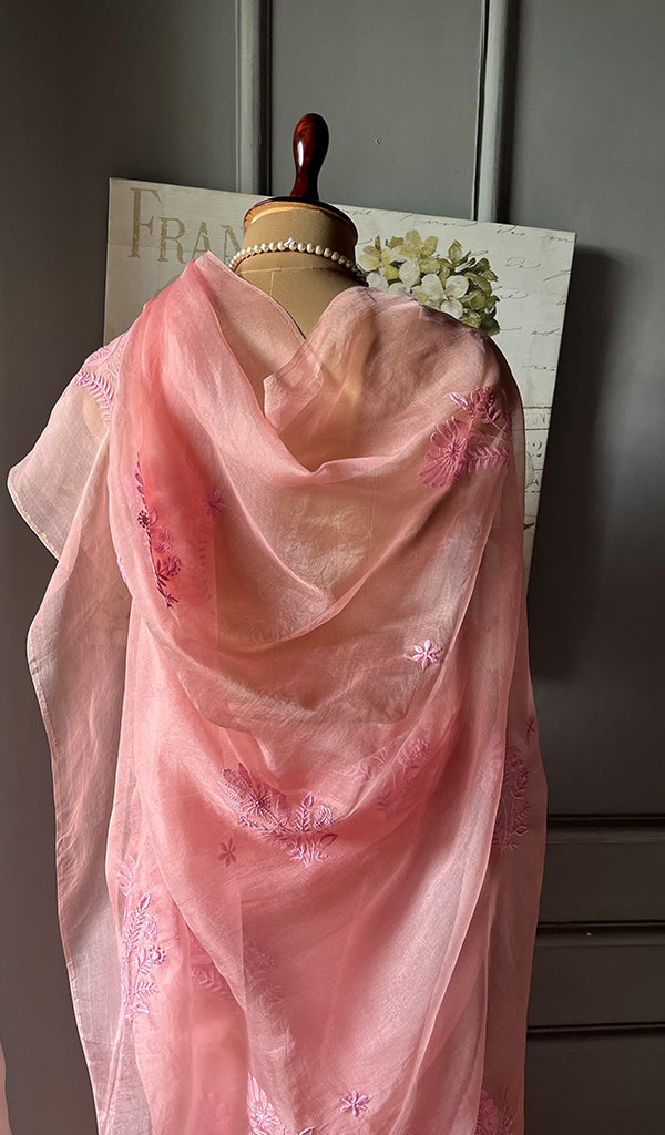 Women's Lucknowi Handcrafted Pure Organza Silk Chikankari Saree - HONC0268556
