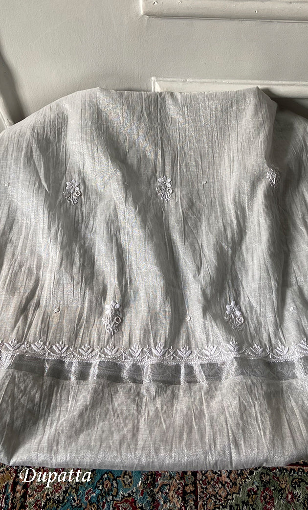 Women's Lakhnavi Handcrafted Tissue Chanderi Unstitched Chikankari Kurta And Dupatta Set - HONC0332080