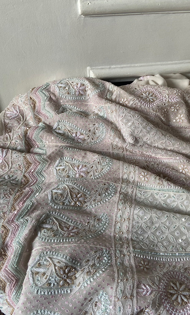 Women's Lakhnavi Handcrafted Pure Silk Georgette Chikankari Semi - stitched Anarkali And Dupatta Set- HONC0193624