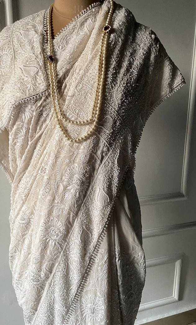 Women's Lakhnavi Handcrafted Pure Silk Georgette Chikankari Saree - HONC0297642