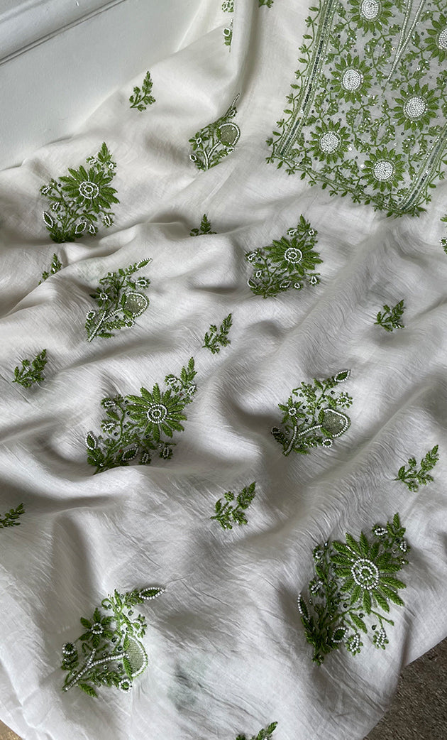 Women's Lakhnavi Handcrafted Unstitched Mul Chanderi Kurta And Dupatta Set - HONC0278135