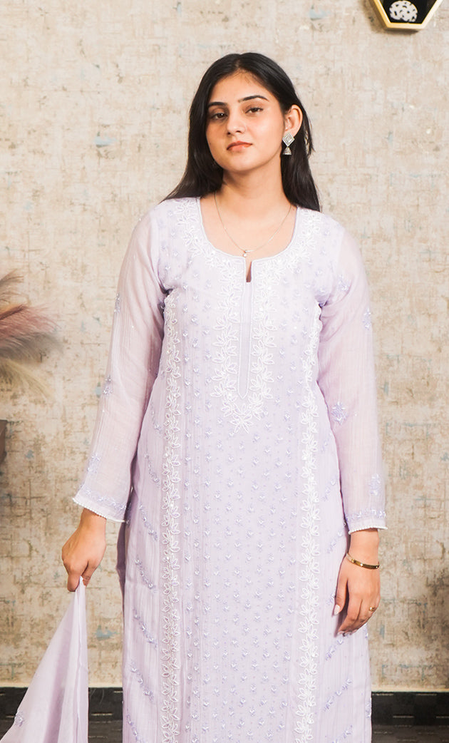 Women's Lakhnavi Handcrafted Mul Chanderi Chikankari Stitched Kurta, Dupatta And Pant Set - HONC0304131