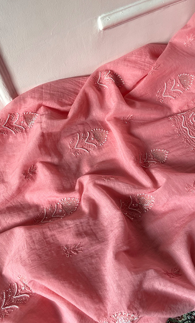 Women's Lakhnavi Handcrafted Mul Chanderi Unstitched Chikankari Full Suit Material - HONC0314658