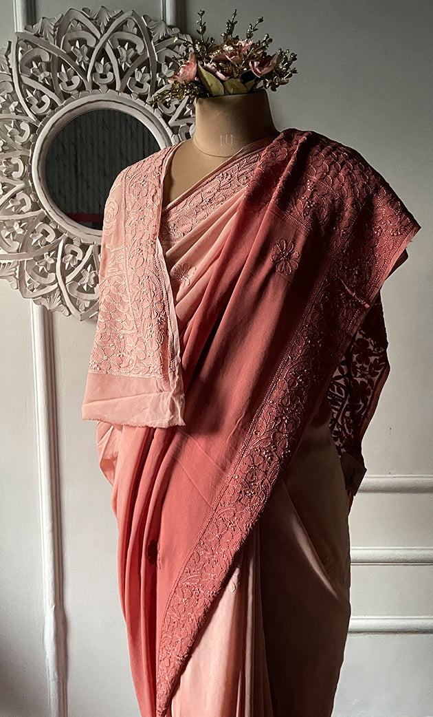 Women's Lakhnavi Handcrafted Viscose Georgette Chikankari Saree - HONC0318168