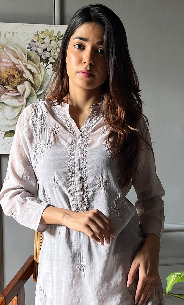 Women's Lakhnavi Handcrafted Muslin Chikankari Kurta And Pant Set - HONC0300555