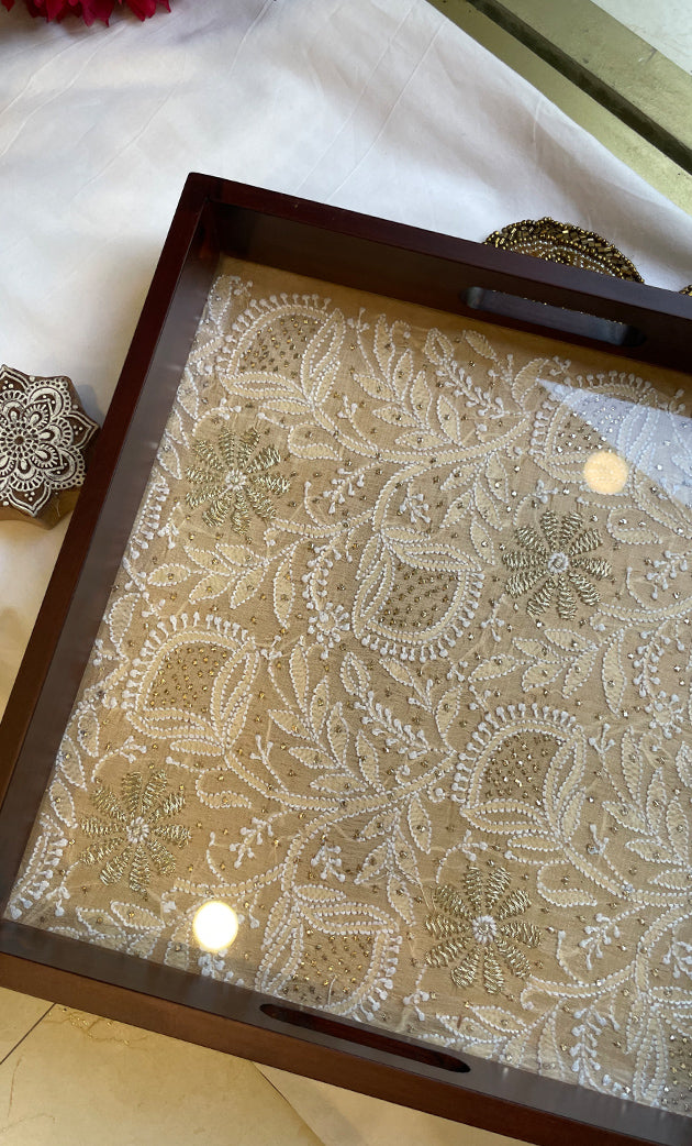 Elegant Wooden Chikankari Tray – Handcrafted Lucknowi Embroidery - HONC0310504