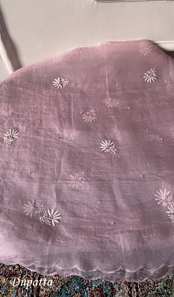 Women's Lakhnavi Handcrafted Pure Organza Chikankari Unstitched Kurta And Dupatta Set- HONC0329217