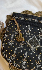 Load image into Gallery viewer, Black Chikankari Embroidered Potli Bag with Golden Bead Tassels - HONC0316098
