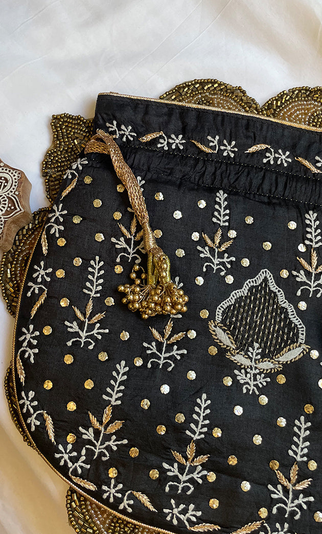 Black Chikankari Embroidered Potli Bag with Golden Bead Tassels - HONC0316098