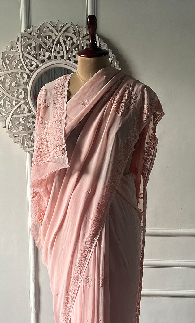 Women's Lakhnavi Handcrafted Viscose Georgette Chikankari Saree - HONC0329021