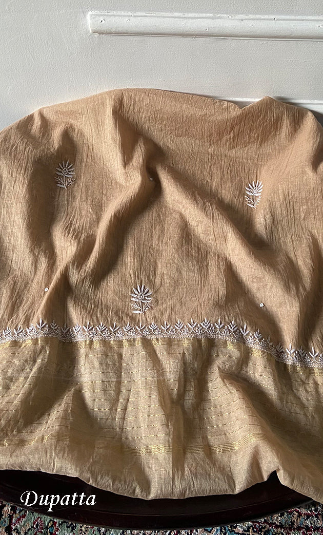 Women's Lakhnavi Handcrafted Mul Chanderi Unstitched Chikankari Full Suit Material - HONC0328323